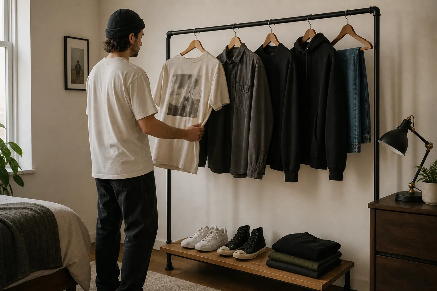 A practical capsule streetwear wardrobe on an open clothing rack