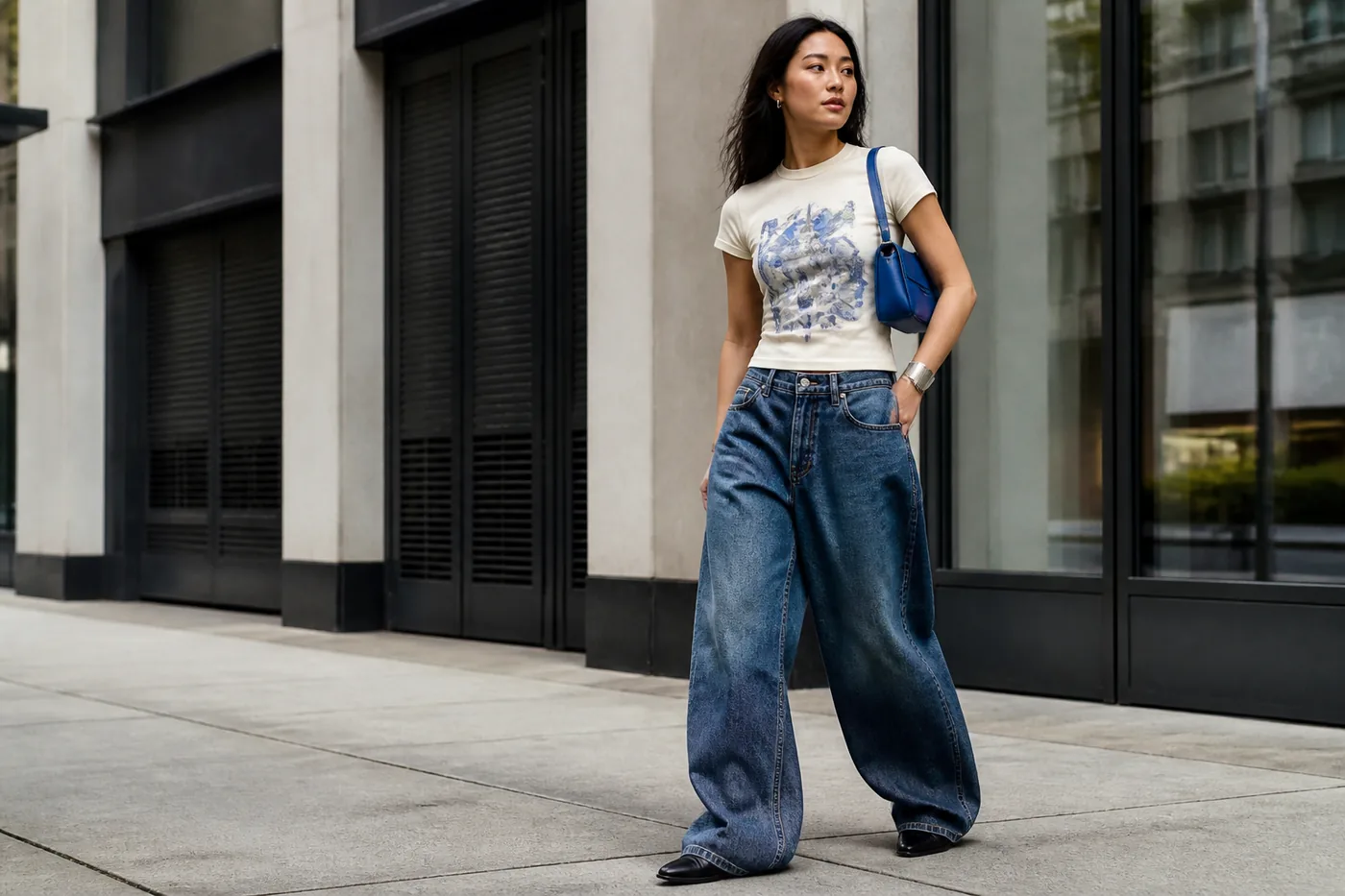 Modern Y2K-inspired streetwear with wide-leg denim and a graphic tee