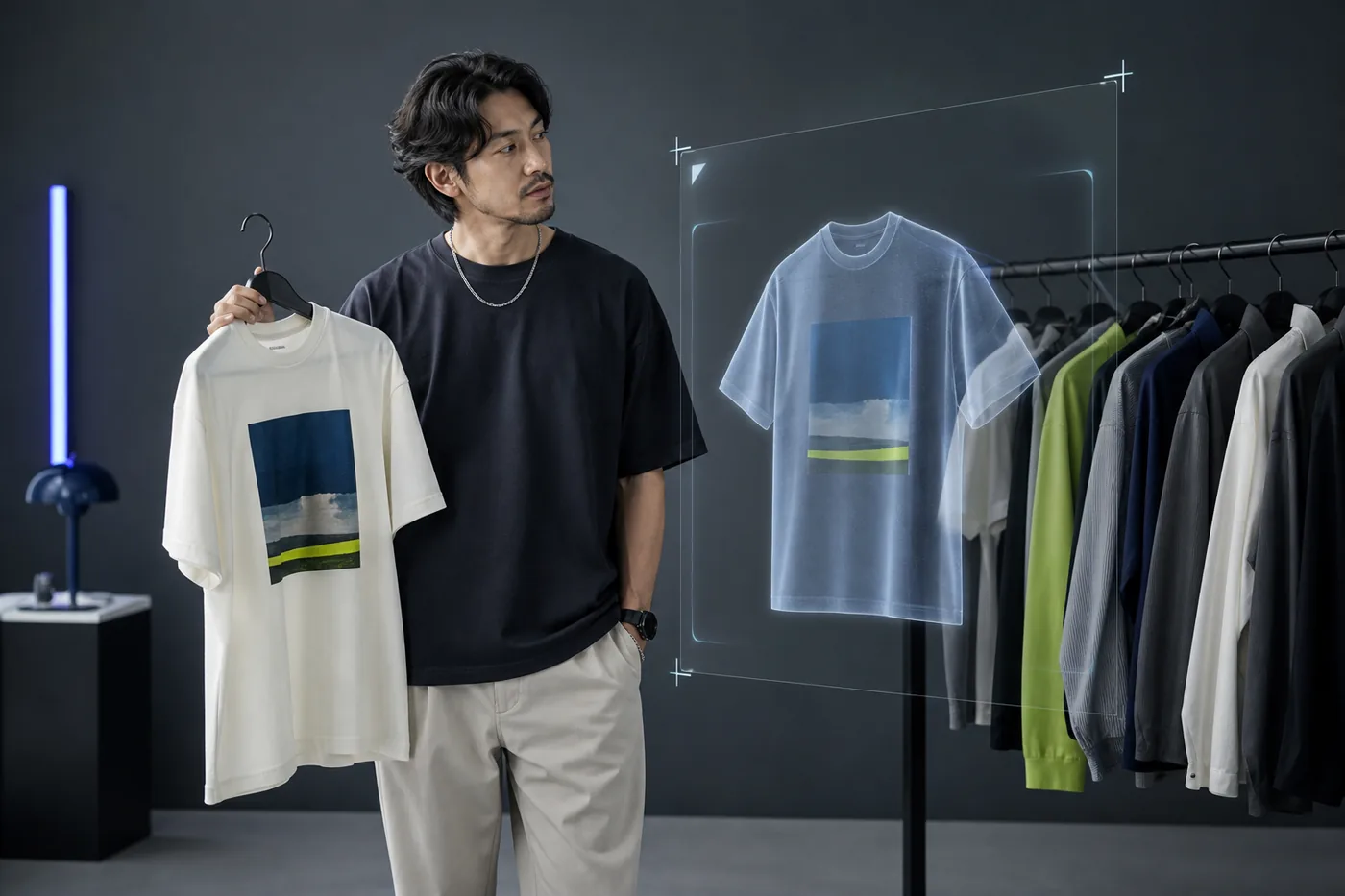 Conceptual virtual try-on preview beside a real clothing rack